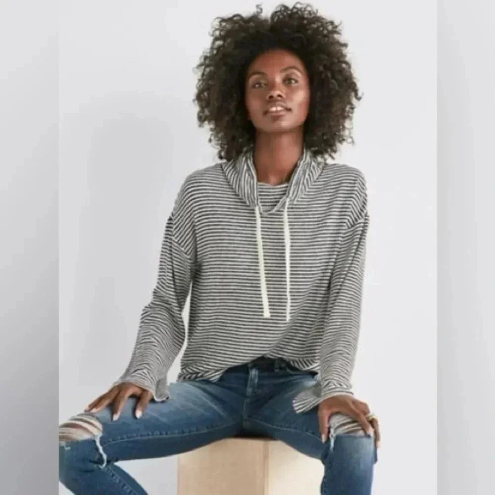 Lucky Brand Funnel Neck Cloud Jersey Pullover Grey Stripes Lightweight Size S